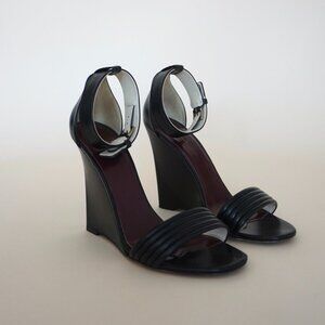 "Celine" (Phoebe Philo) Runway Black Leather Open Toe Wedge Heels - Size 37